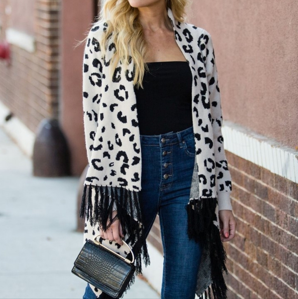 Black & White Leopard Fringe Open Cardigan